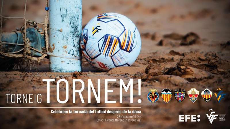 El ftbol valenciano vivir este domingo una jornada muy especial en el estadio Vicente Moreno de Massanassa, donde se celebrar el torneo de ftbol 8 ?Tornem!? (Volvemos! en castellano) para conmemorar el regreso del deporte un ao despus de la dana. EFE
