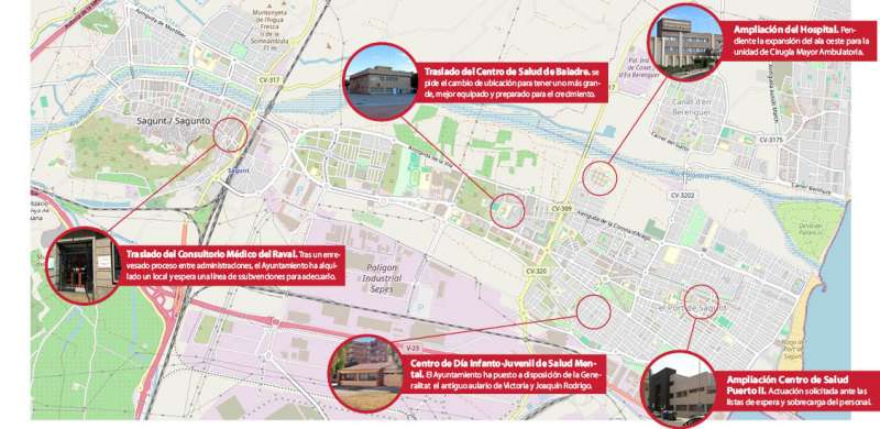 Mapa del t�rmino poblacional de Sagunt con las cinco principales reivindicaciones en materia de sanidad para los pr�ximos a�os.  Elaboraci�n propia