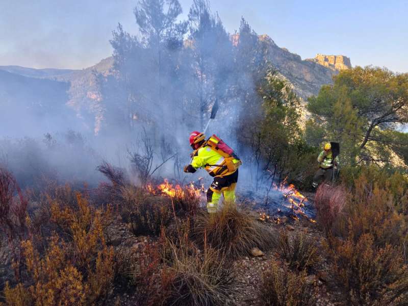 Imagen del incendio facilitada por los bomberos forestales de la Generalitat.
