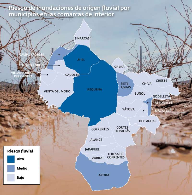 Mapa con los municipios con riesgo bajo, medio y alto por inundaciones segn datos de la Agencia Valenciana de Seguridad y Respuesta a las Emergencias (AVSRE).EPDA