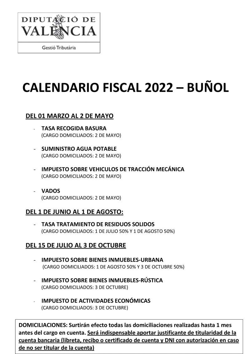 Calendario fiscal de Buñol 2022./EPDA