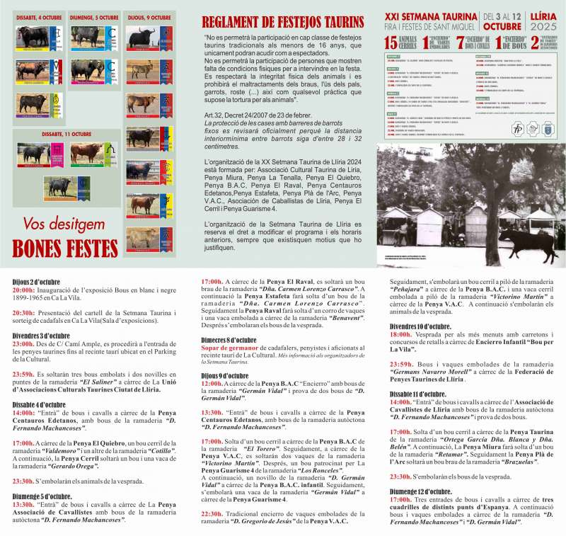 Programa de la Setmana Taurina de Llria. EPDA