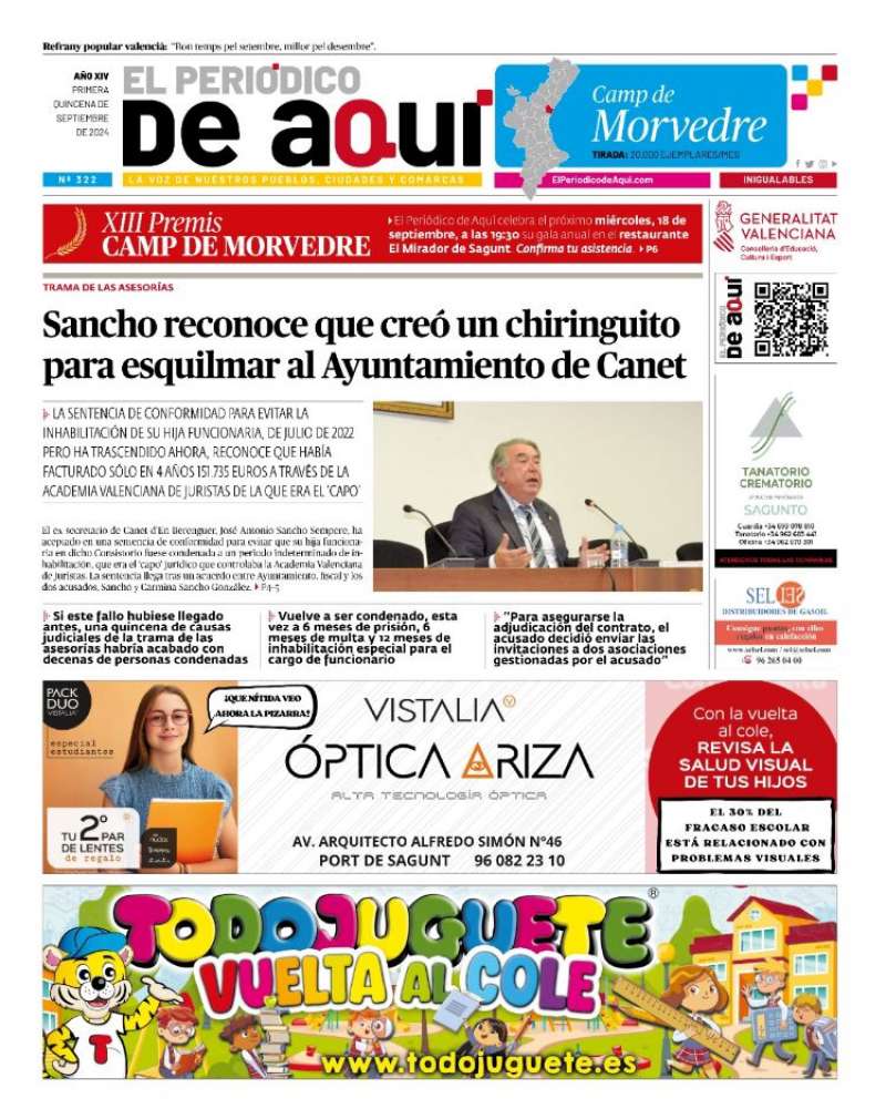 Portada en la que El Peridico de Aqu publica la confesin de Sancho como impulsor y dueo de la Academia Valenciana de Juristas. EPDA