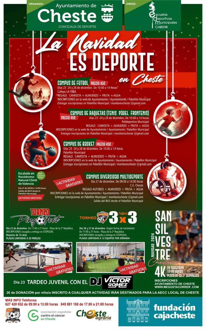 Cartel de las actividades deportivas para las vacaciones de Navidad en Cheste.  EPDA