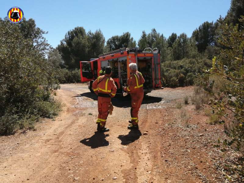 Efectivos del Consorcio Provincial de Bomberos de Valencia trabajan en la zona del incendio de Estivella. /CPBV