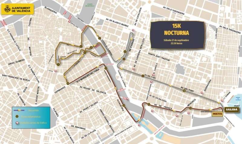 Mapa del recorrido de la 15K Nocturna de Valencia 2025.  EPDA