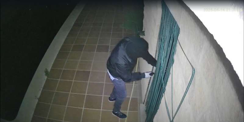 Un lladre for�a l�entrada d�una casa de camp a Guadassuar en una imatge captada per la c�mera de seguretat.  EPDA