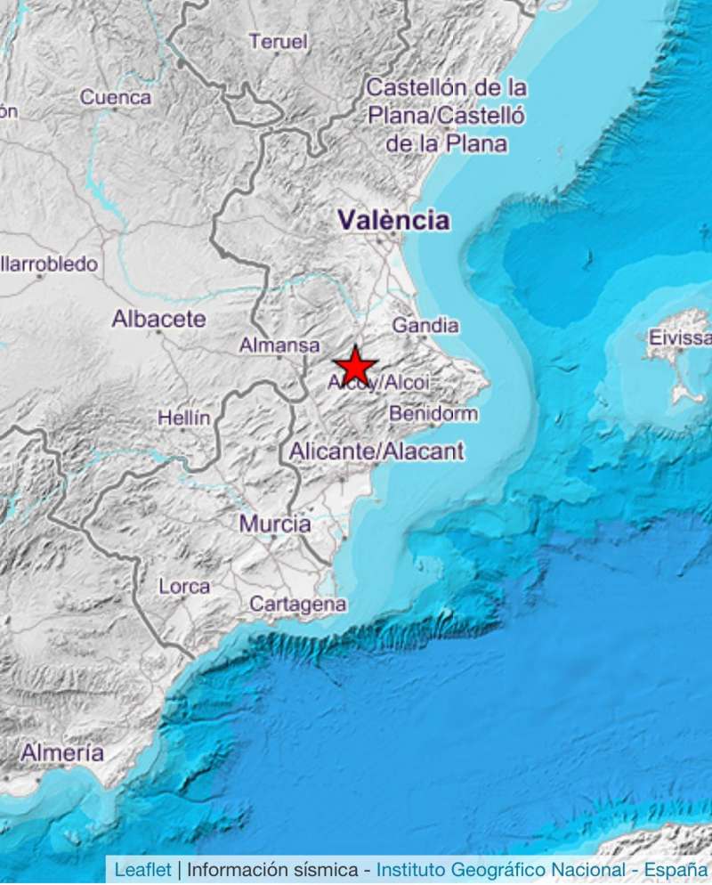 Imagen del Instituto Geogr�fico Nacional con el epicentro del terremoto que se ha registrado este mi�rcoles en Ontinyent. EFEIGN
