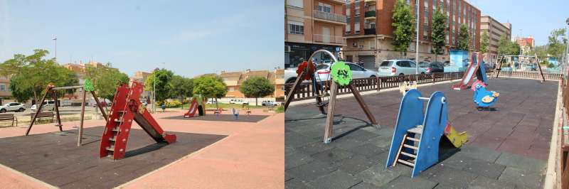 Los dos paques infantiles que se renovarn: el de la plaza Cieza (izq.) y el de la avenida Sants de la Pedra (dcha.).  Foto: Aj. Sagunt