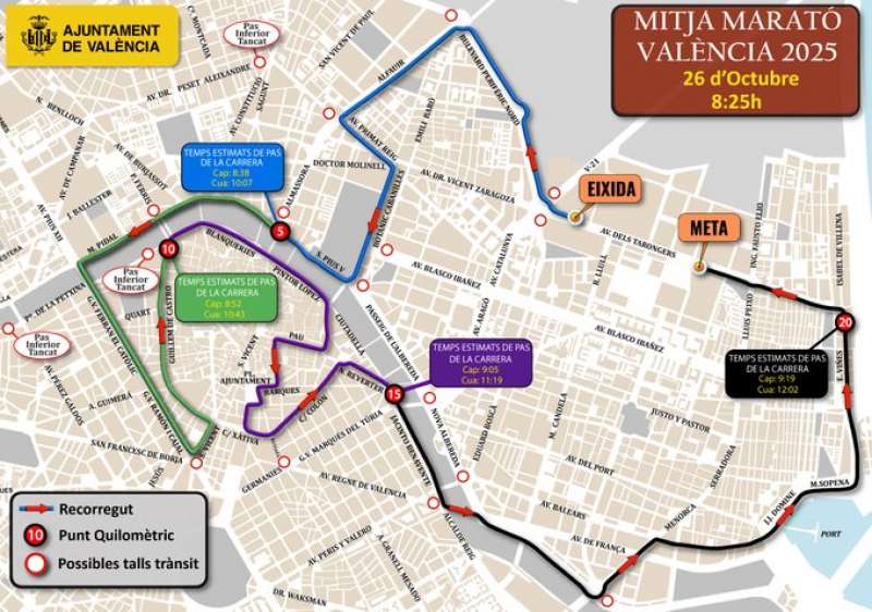 Mapa con el recorrido y los posibles cortes de la Media Maratn de Valencia.  EPDA