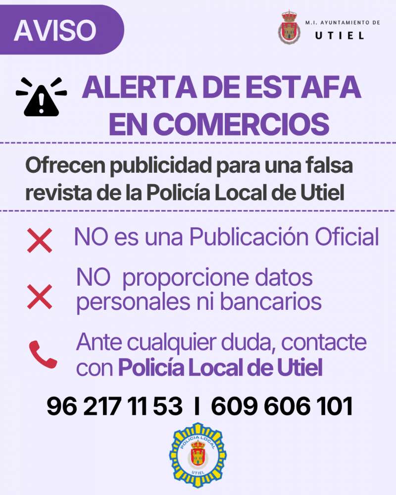 Cartel informativo sobre la estafa en comercios de Utiel.  EPDA