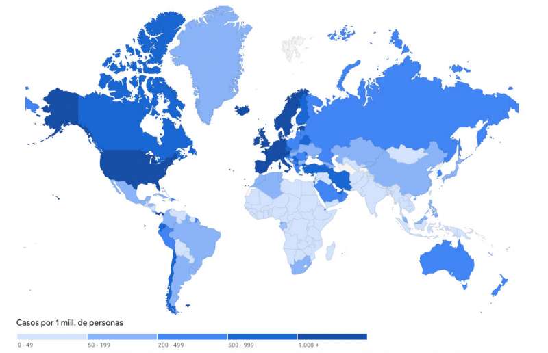 Mapa que Google actualiza en tiempo real con el nÃºmero de contagiados por millÃ³n de habitantes. GOOGLE