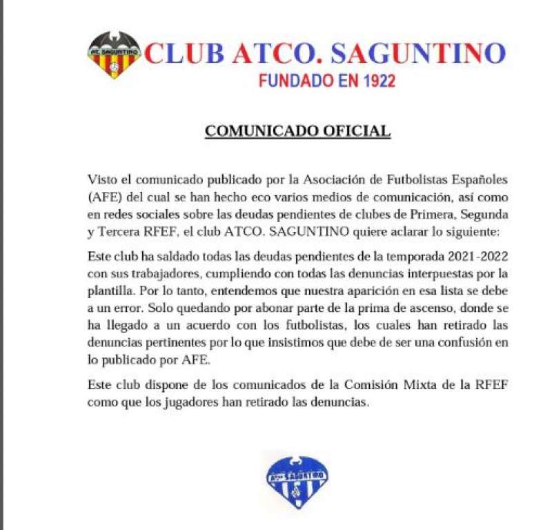 Comunicado del Atlético Saguntino. /EPDA