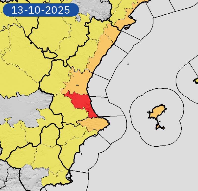 Mapa de Aemet en el que se muestra la zona afectada por la alerta roja por lluvias.  EPDA 