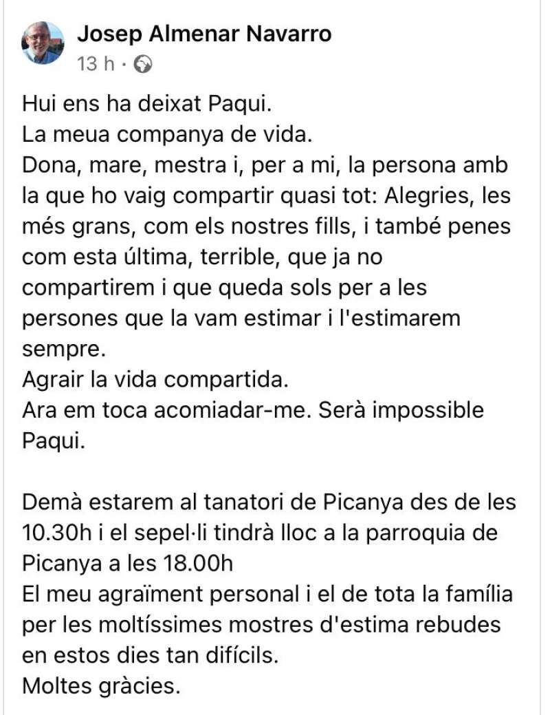Escrit al facebook de Josep Almenar. EPDA